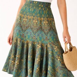 Boho Peasant Chaps Women’s Teal & Mustard Printed Flared Midi Skirt